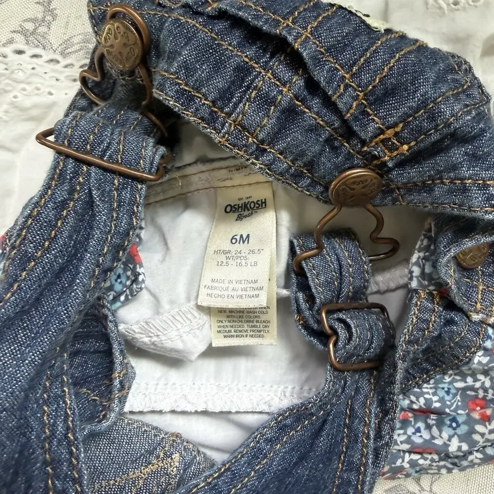 OshKosh B'gosh Baby Girls Floral Lace Tier Overall Dress 6 Months Denim Jean
